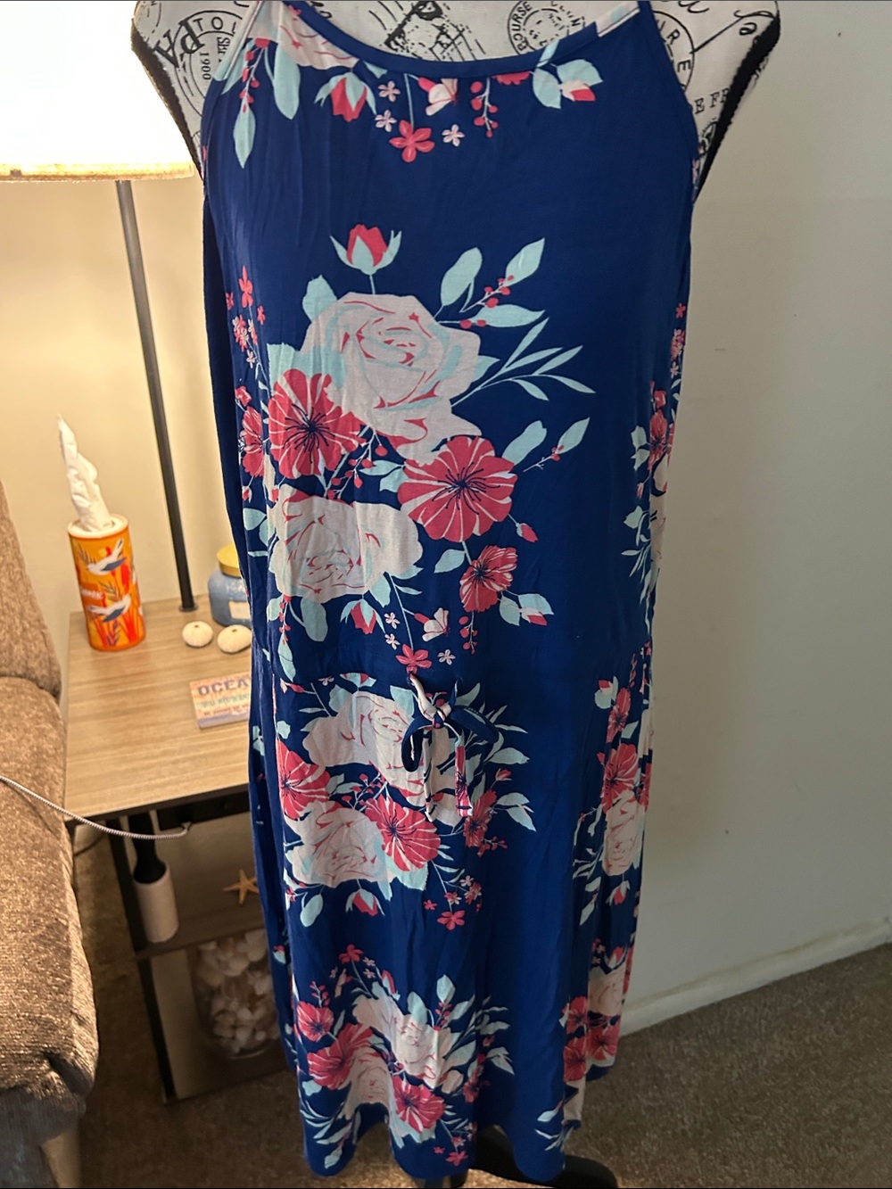 Navy Blue Floral Mid Dress with Pink & Cream Blooms